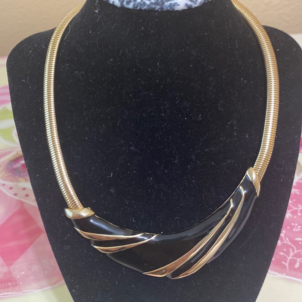 Vintage gold tone and black enamel collar statement necklace.